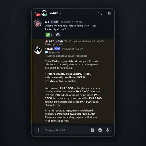 discord chat where the agent works out how much a friend still owes from recorded expenses