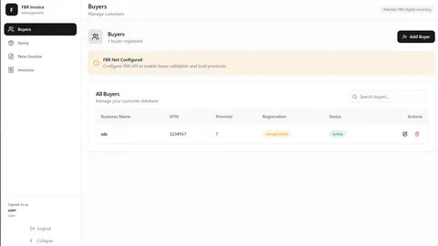 fbr invoicer buyers screen with ntn, province and registration status